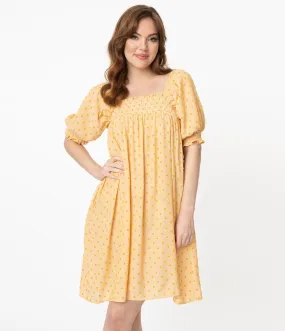 1960s Mellow Yellow Flocked Babydoll Dress