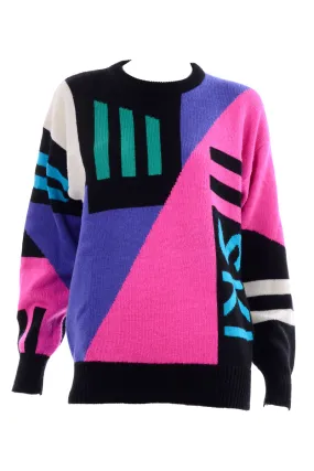 1980s Tyrolia Novelty "SKI" Abstract Oversized Wool Sweater Size Medium