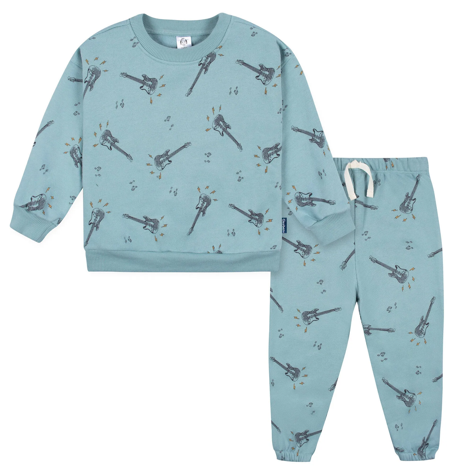 2 piece Top   Pant Set - Teal Guitars