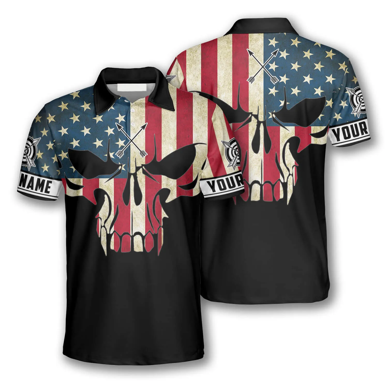 3D All Over Print Archery Skull American Flag Custom Archery Polo Shirts for Men, Skull Shirt