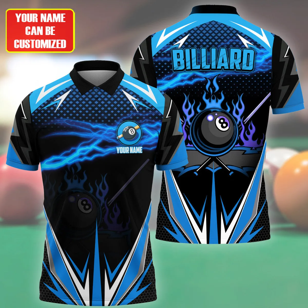 3D All Over Print Billiard Blue Fire Polo Shirt, Thunder Sport Billiard Shirt, Gift for Him