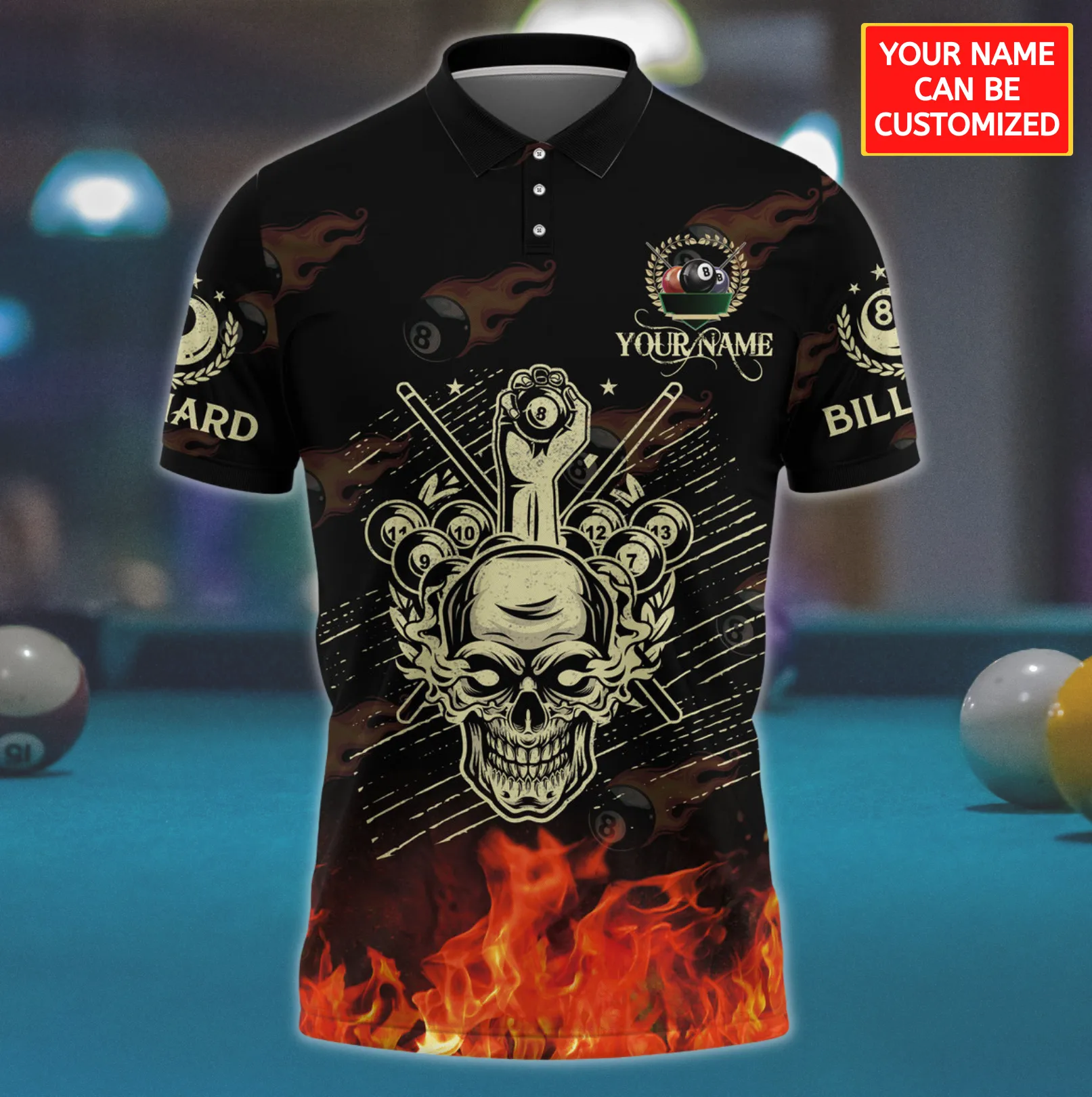 3D All Over Print Skull Billiard Polo Shirt, Skull Fire Ball Shirt, Uniform Billiard Team