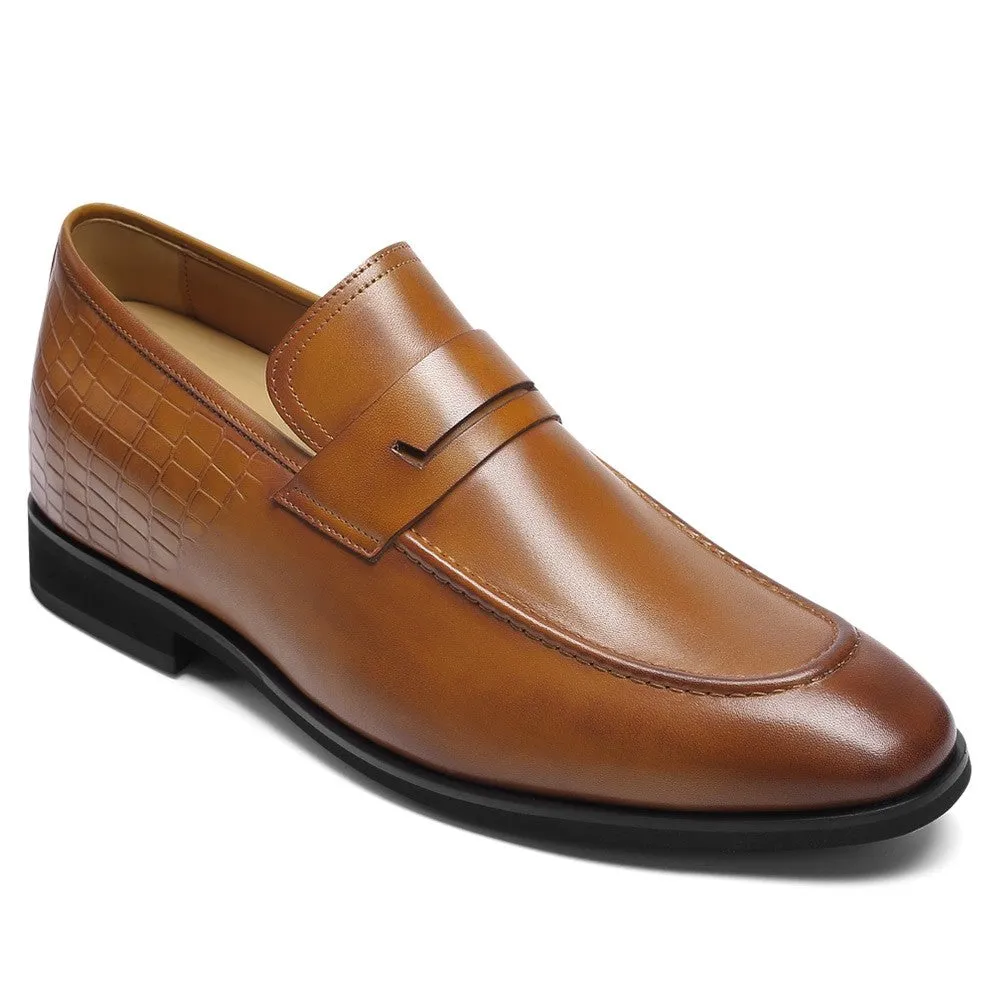 7 CM / 2.76 Inches CMR CHAMARIPA Men's Brown Leather Elevator Loafers -  Elegant Slip-On Dress Shoes