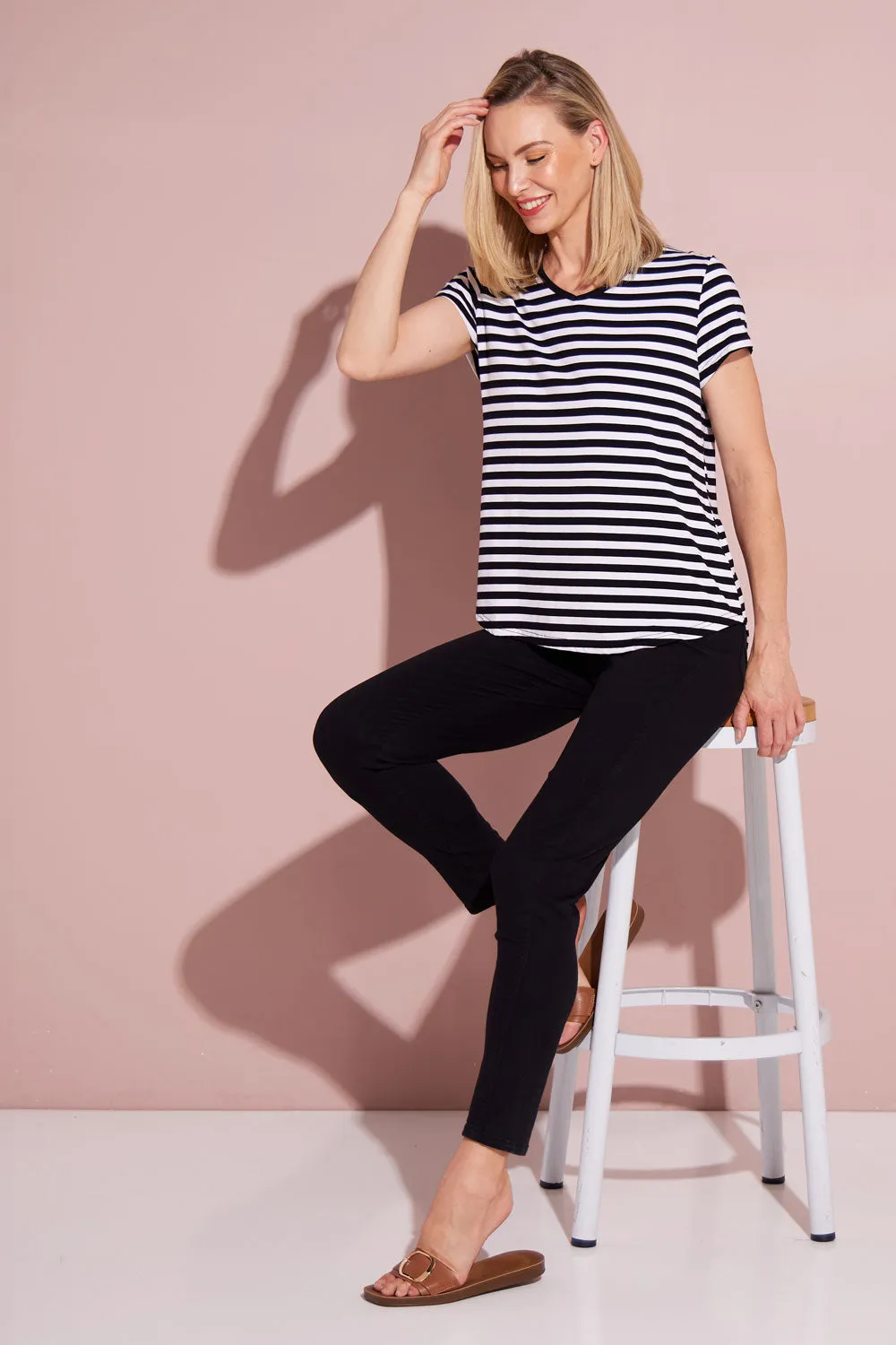 Alison Bamboo Tee - Black/White Stripe