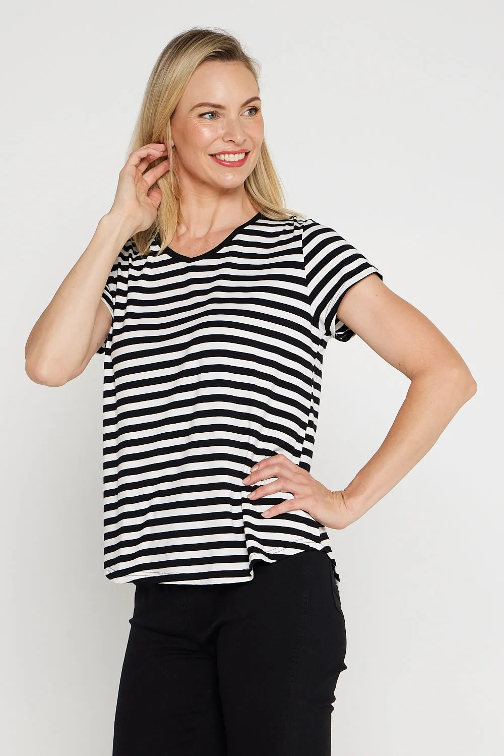 Alison Bamboo Tee - Black/White Stripe