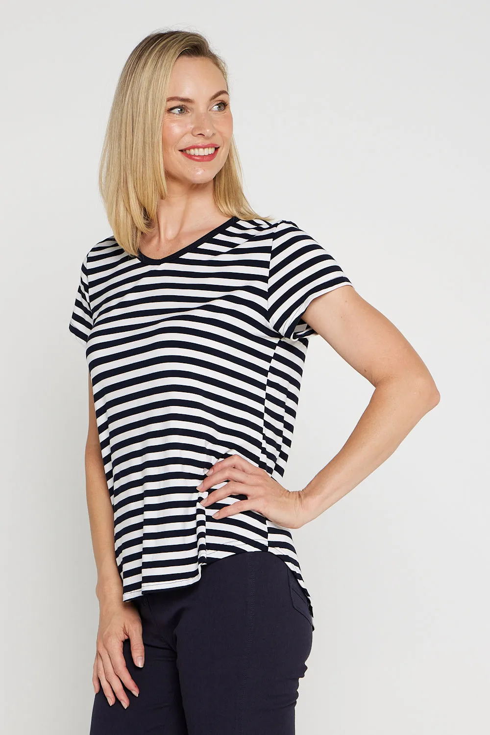 Alison Bamboo Tee - White/Navy Stripe