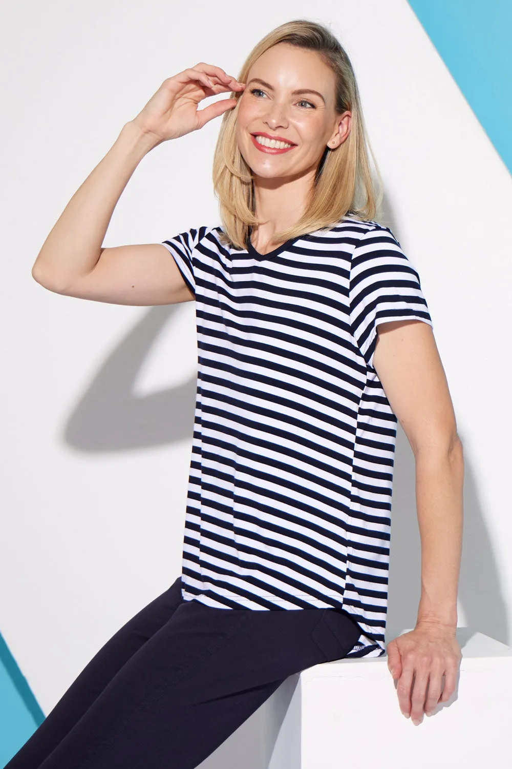 Alison Bamboo Tee - White/Navy Stripe