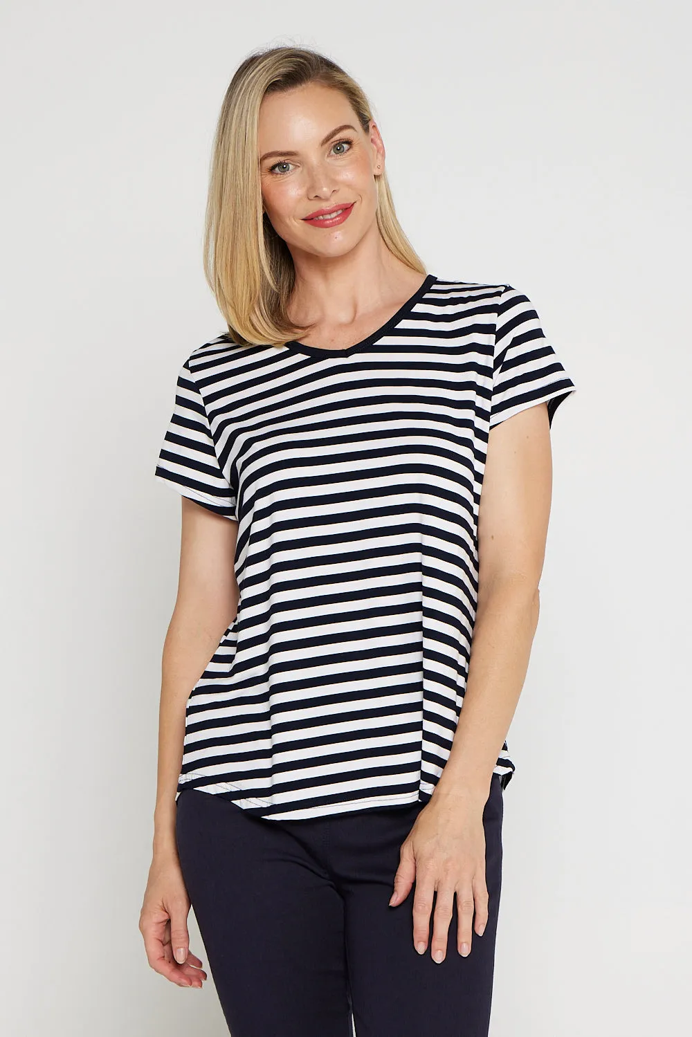 Alison Bamboo Tee - White/Navy Stripe