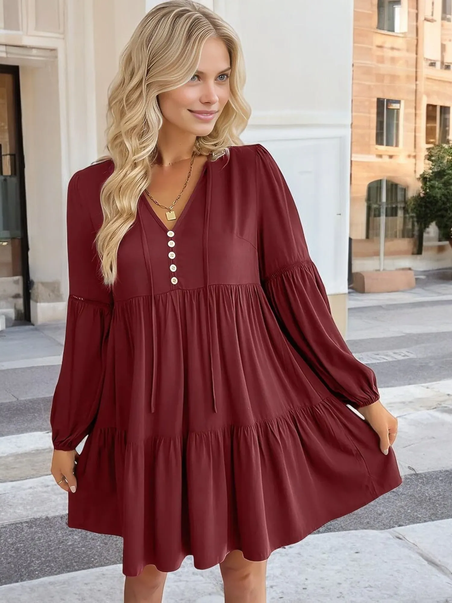 Anna-Kaci Women's Long Sleeve Button-Down Babydoll Dress with Tiered Skirt