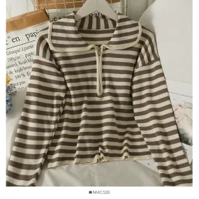 Autumn winter zipper doll neck stripe slim knit  2080