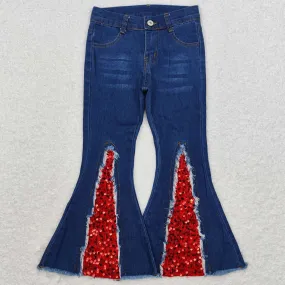 Baby Girls Jeans Pants Red Sequin Holiday Bell Flare Denim Pants P0532