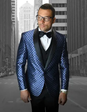 Bellagio Diamond Grid  3pc Italian Suit Set - Navy