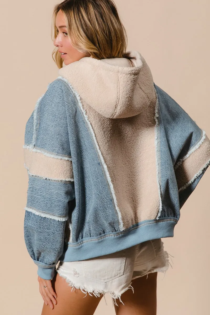 BiBi OVERSIZED Washed Denim and Fleece Mixed Jacket in Denim/Oatmeal ON ORDER