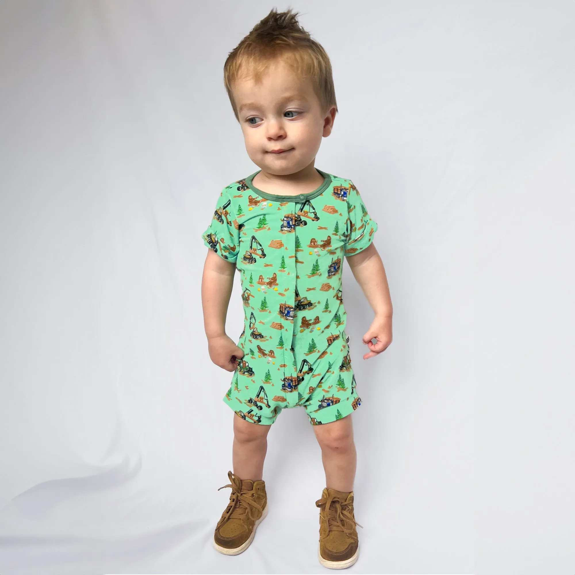 Bigfoot Logging Adventure Short Two-Way Zippy Romper (0-3T)