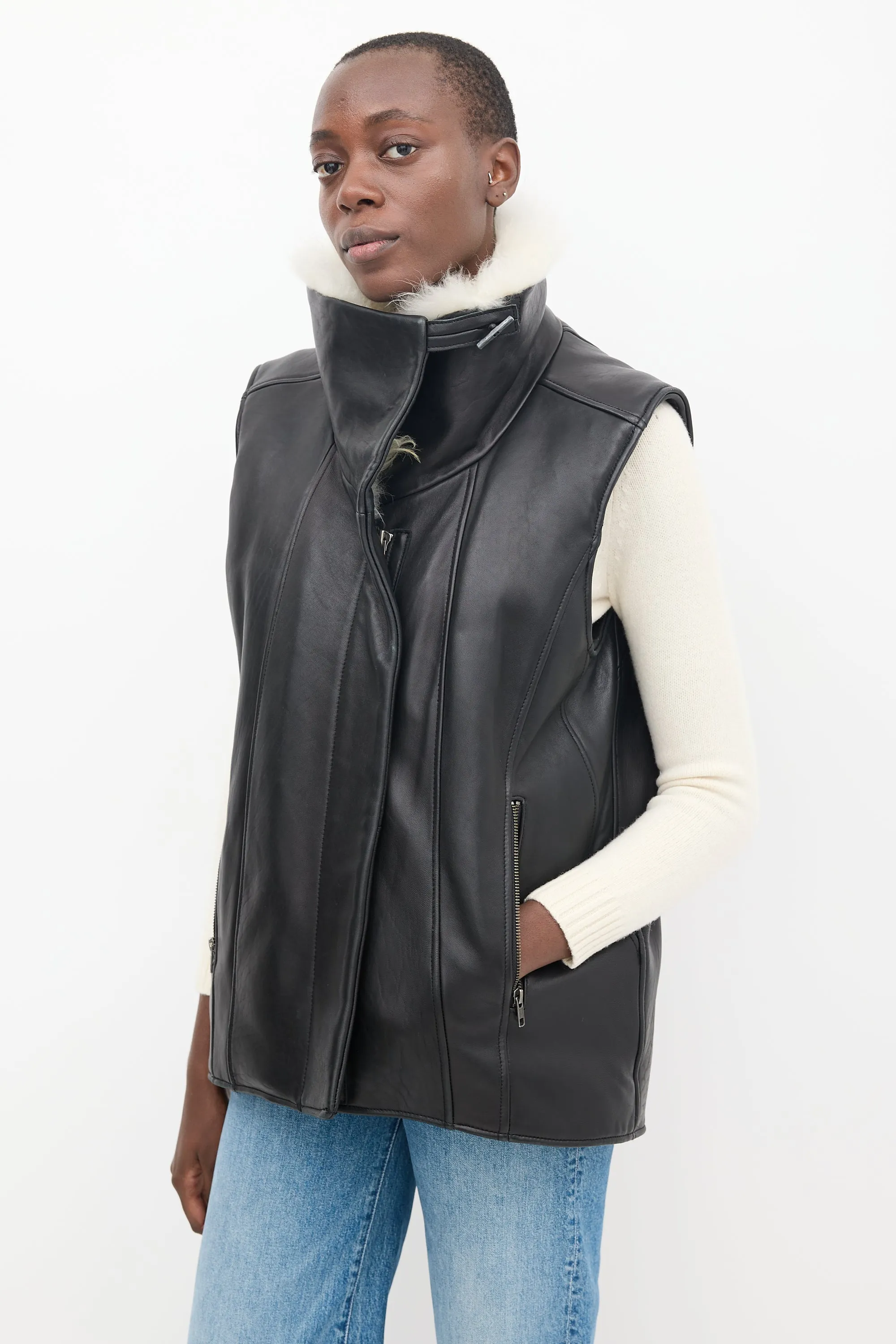 Black & Cream Leather Shearling Vest