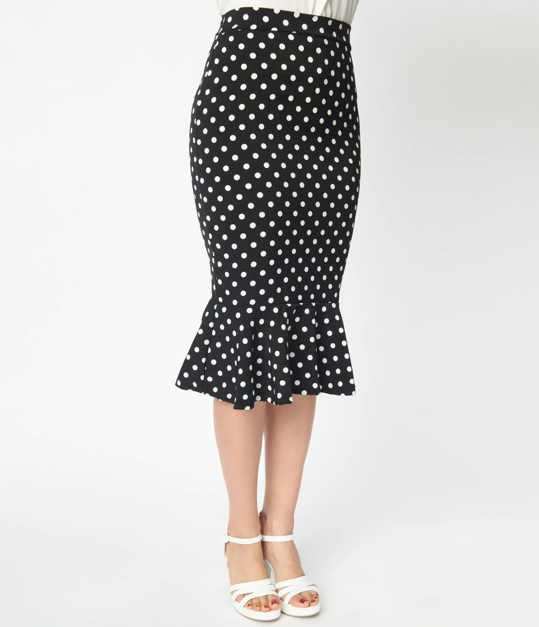 Black & White Polka Dot Ruffled Hem Pencil Skirt