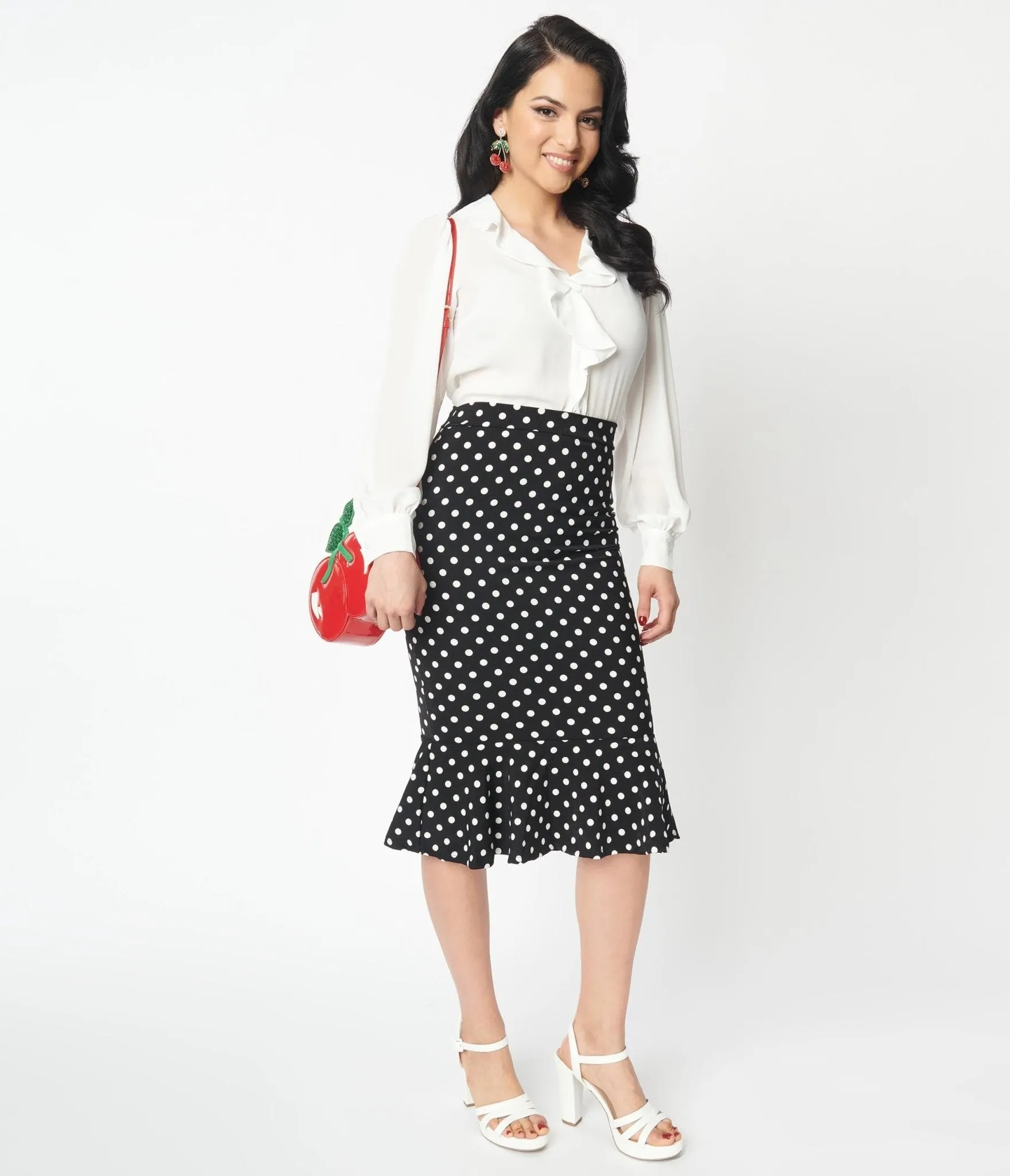 Black & White Polka Dot Ruffled Hem Pencil Skirt