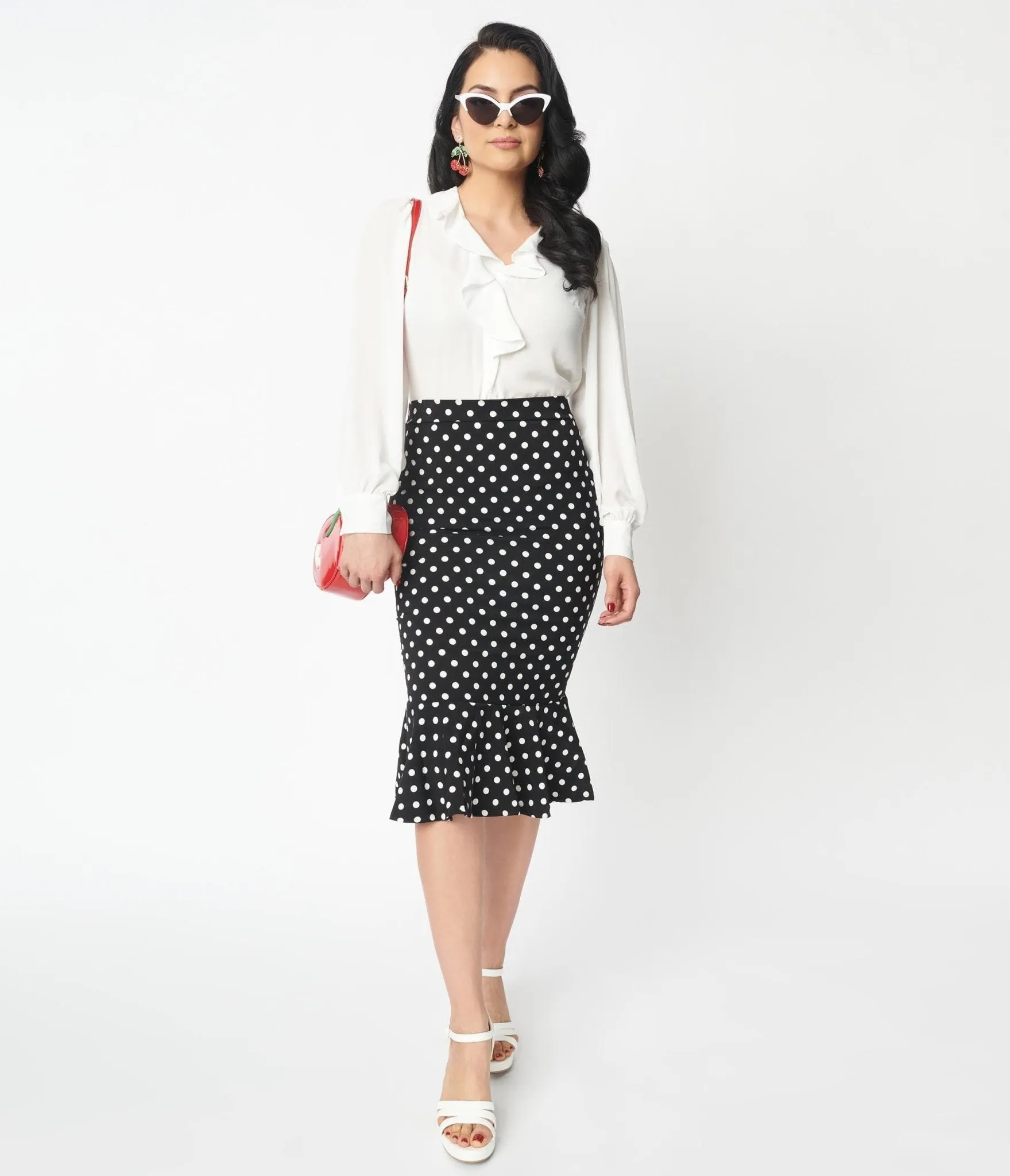 Black & White Polka Dot Ruffled Hem Pencil Skirt