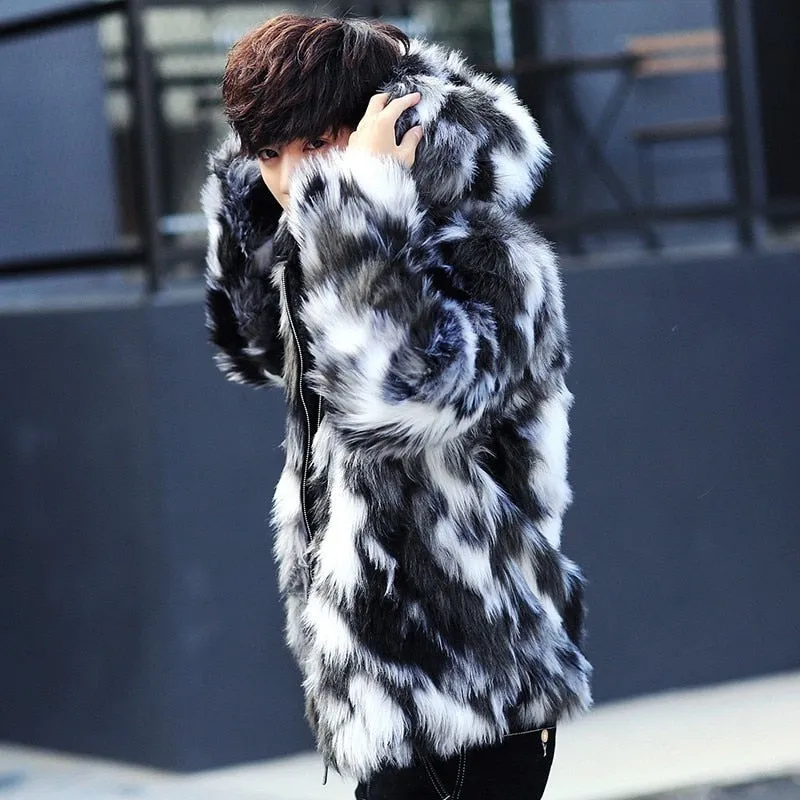 Black and White Fur Luxurious Men Jacket with Hoody