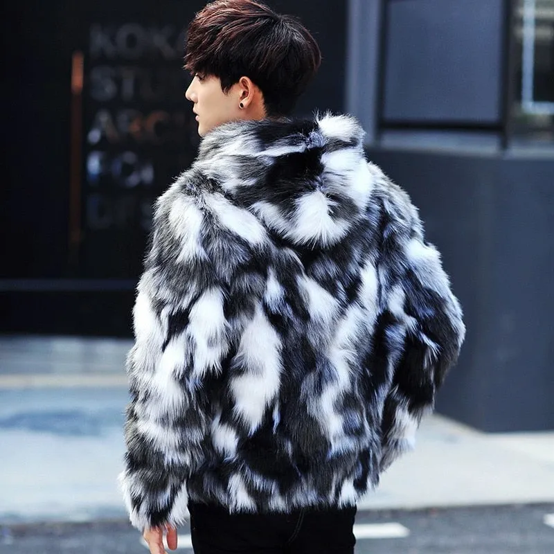 Black and White Fur Luxurious Men Jacket with Hoody