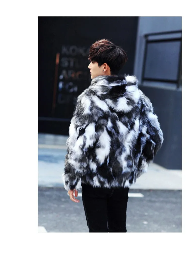 Black and White Fur Luxurious Men Jacket with Hoody