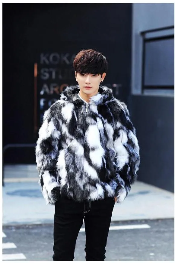 Black and White Fur Luxurious Men Jacket with Hoody