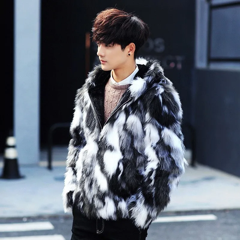 Black and White Fur Luxurious Men Jacket with Hoody