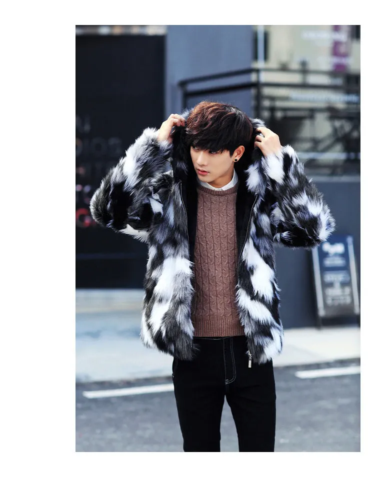 Black and White Fur Luxurious Men Jacket with Hoody