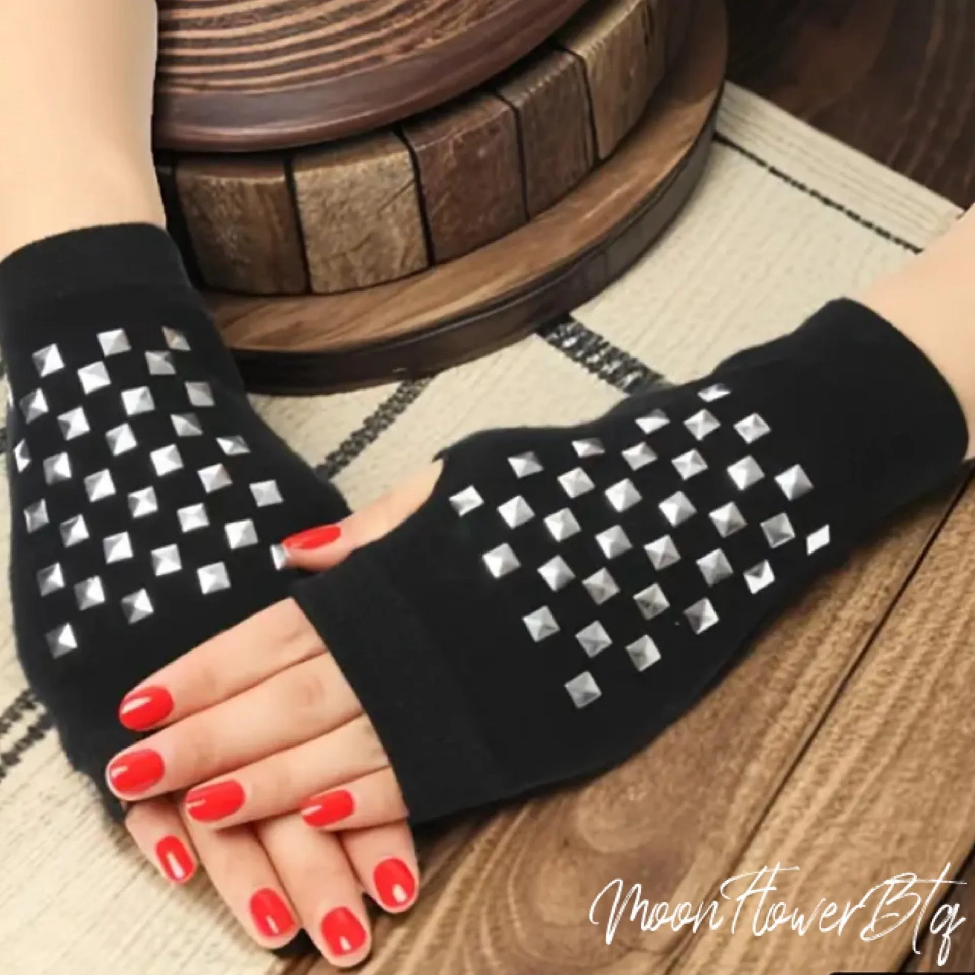 Black Studded Fingerless Gloves