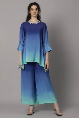 Blue Ombre-Dyed German Silk Co-Ord Set