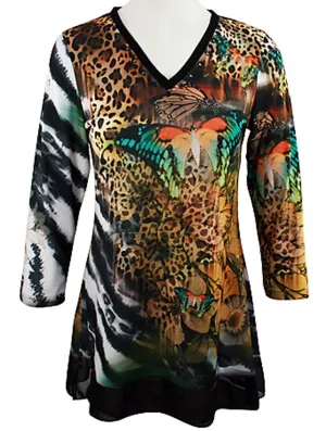 Boho Chic - Rain Forest, Long Sleeve Nature Patterned V-Neck Lace Hem Tunic