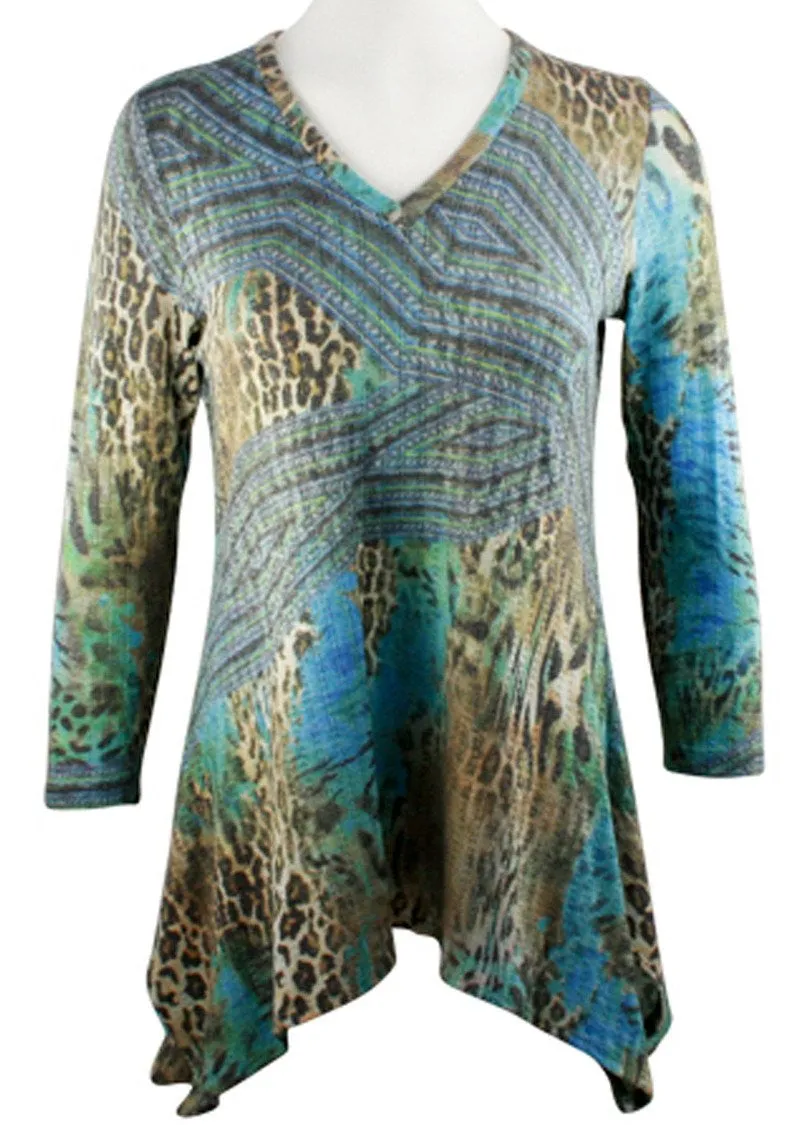 Boho Chic - Savanna Roads, Long Sleeve Sharkbite Hem V-Neck Tunic Top