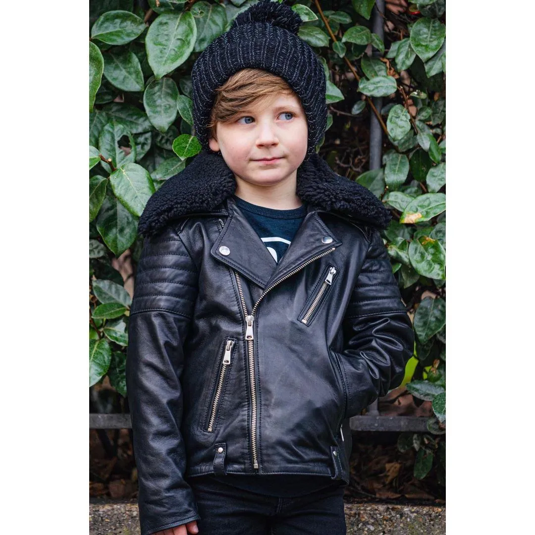 Boys Kids Real leather Biker Style Jacket Brando Cross Zip Black Fur Collar