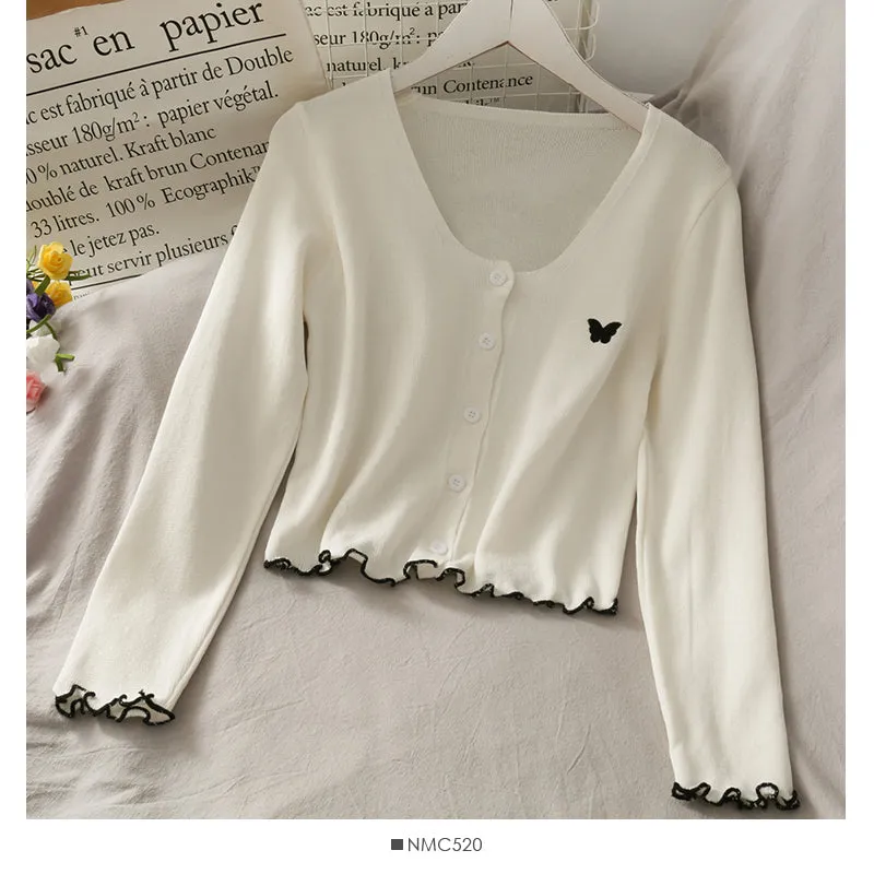 Butterfly Embroidery V-neck open collarbone sweater  1739