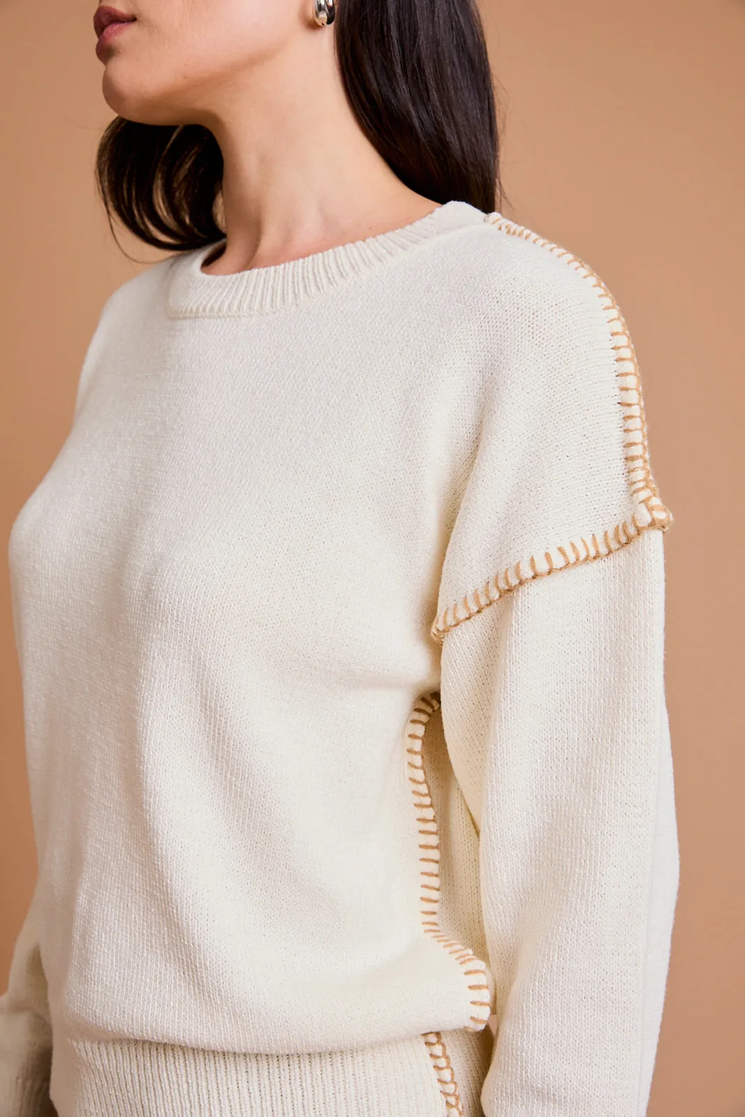 Camel Stitched Cream Sweater