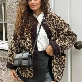 Casual Fall winter Leopard Button fleece Plush Cardigan jacket for women