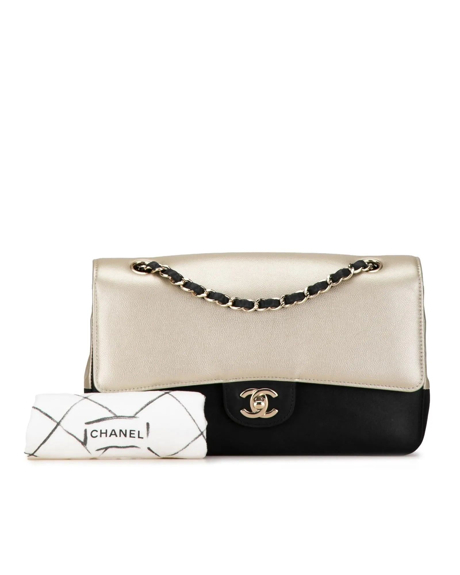 Chanel Classic Double Flap Lambskin Leather Shoulder Bag BeigeBlack