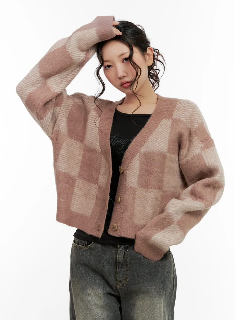 Checkered V-Neck Sweater Cardigan CN401