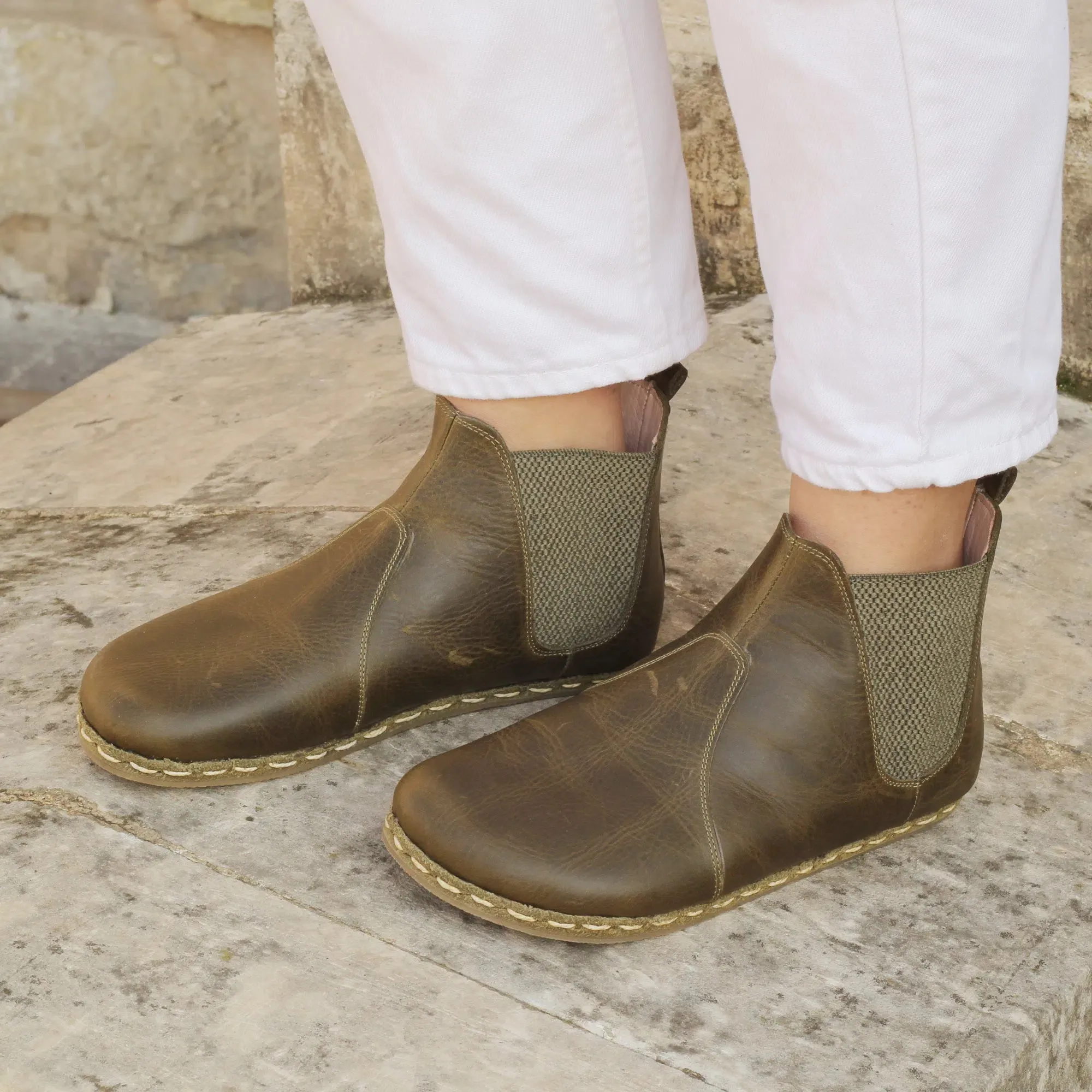 Chelsea Barefoot Boots Military Green Handmade Women's