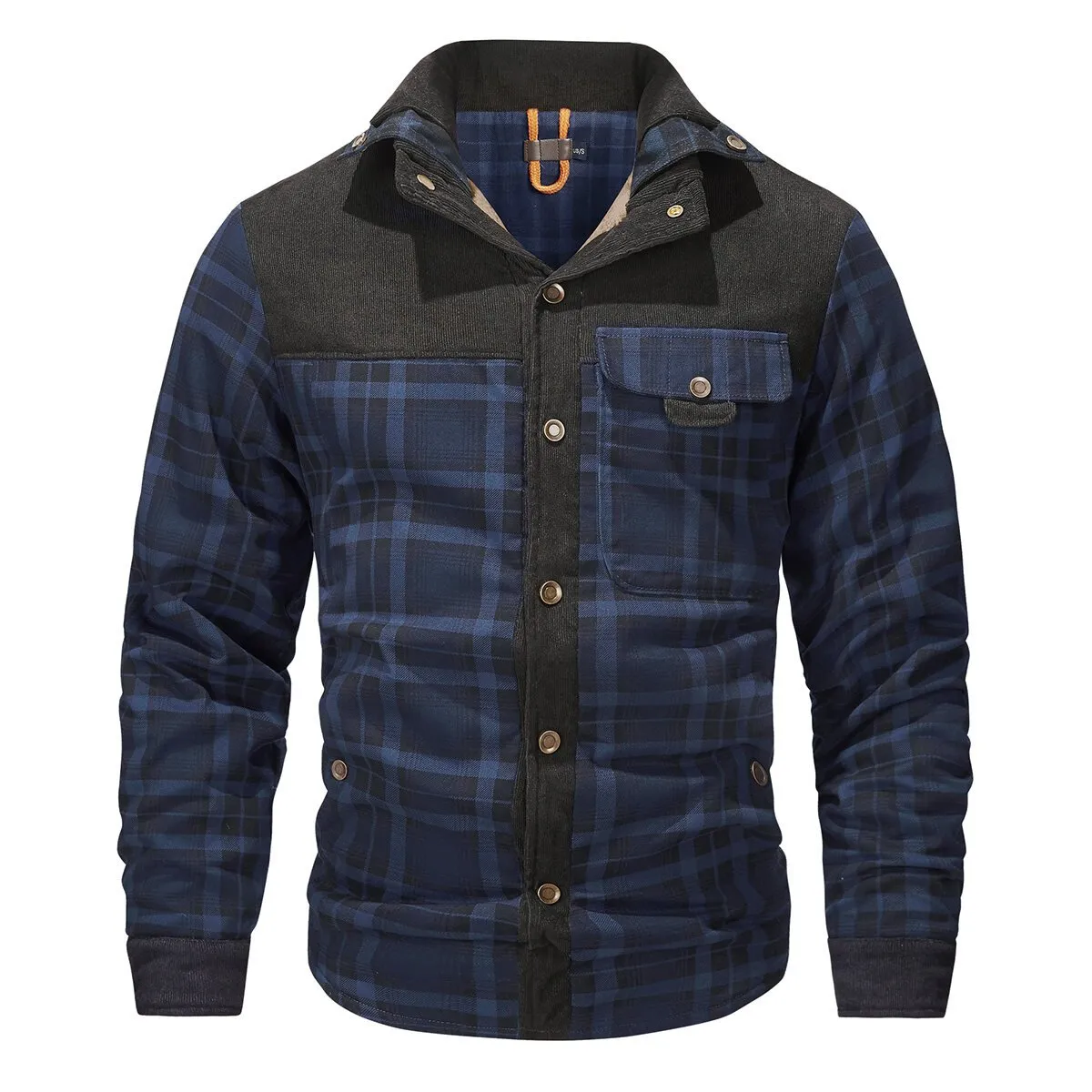 Cloudstyle Mens Plaid Single-Breasted Jacket Thickened Warm Winter Coat Fleece Lining