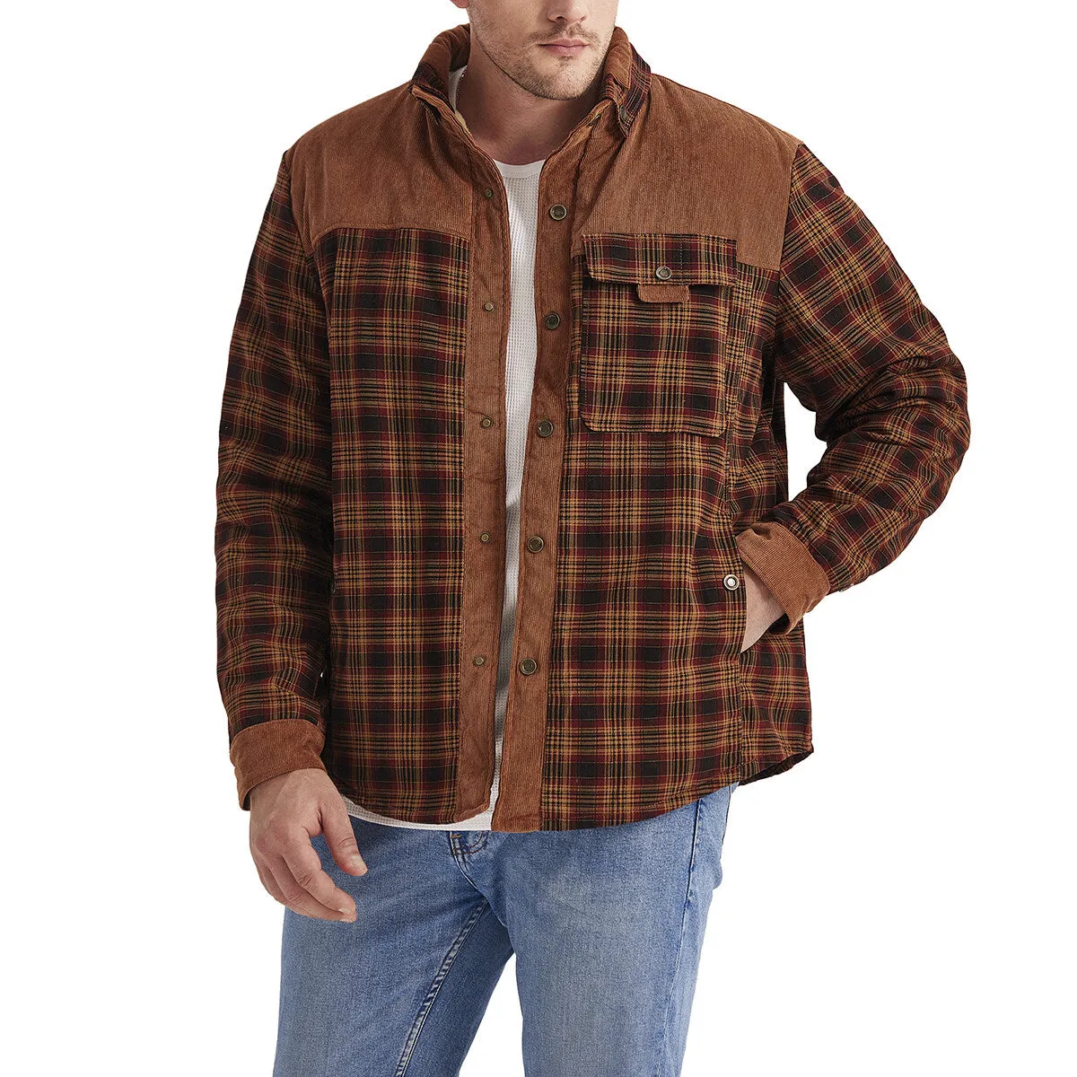 Cloudstyle Mens Plaid Single-Breasted Jacket Thickened Warm Winter Coat Fleece Lining