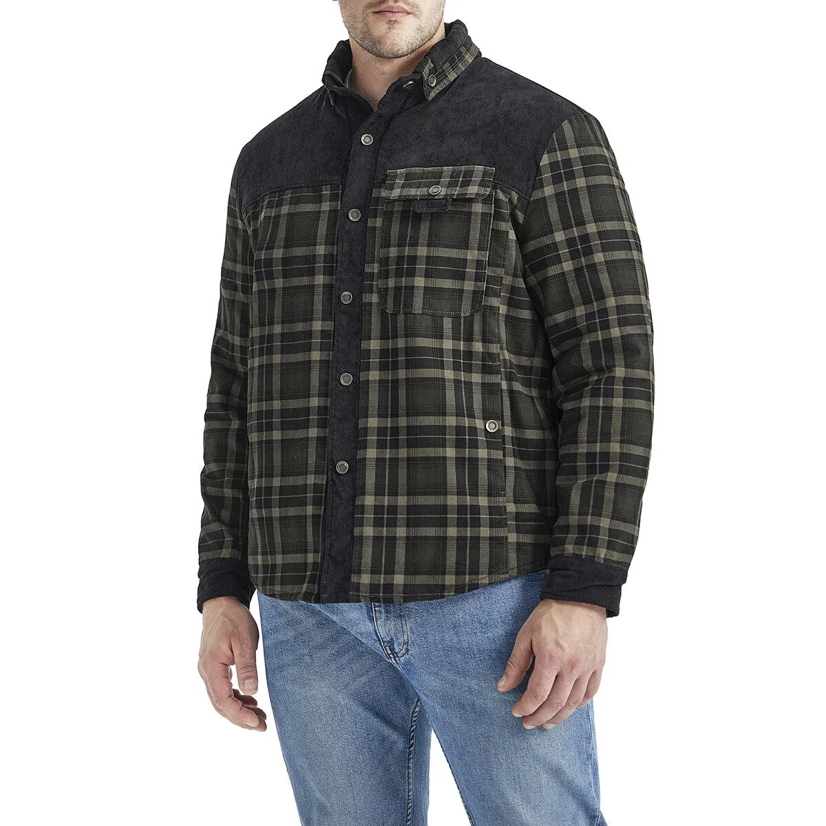 Cloudstyle Mens Plaid Single-Breasted Jacket Thickened Warm Winter Coat Fleece Lining