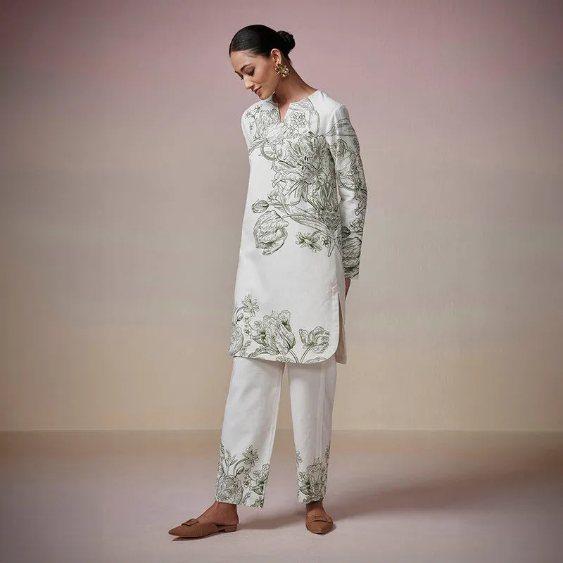 Cotton Linen Kurta Set for Women | Ivory | Floral Print