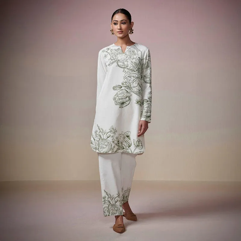 Cotton Linen Kurta Set for Women | Ivory | Floral Print