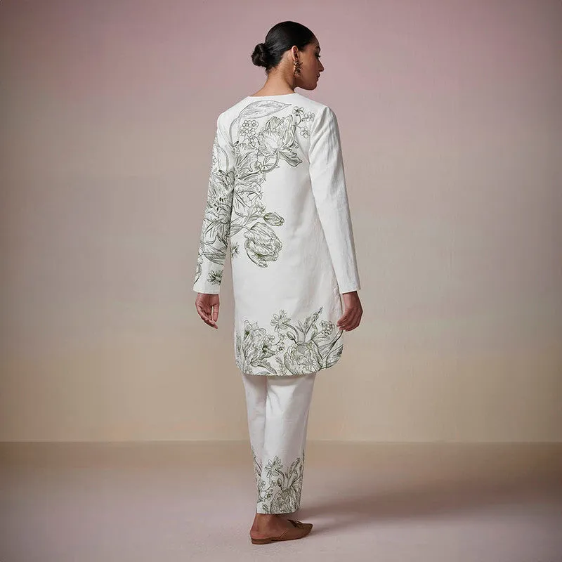 Cotton Linen Kurta Set for Women | Ivory | Floral Print