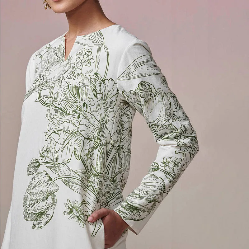 Cotton Linen Kurta Set for Women | Ivory | Floral Print