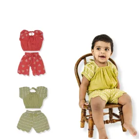 Crimson Olive Puffed Co-ord sets for kids - Pack of 2