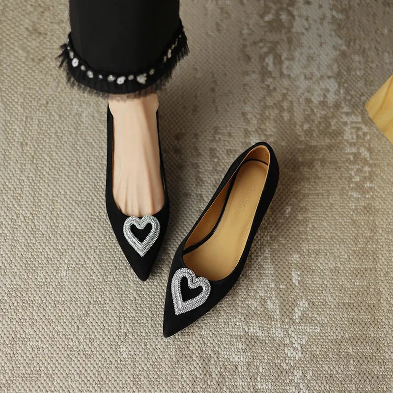 Crystal Heart Pointed Toe Button Heel Shoes