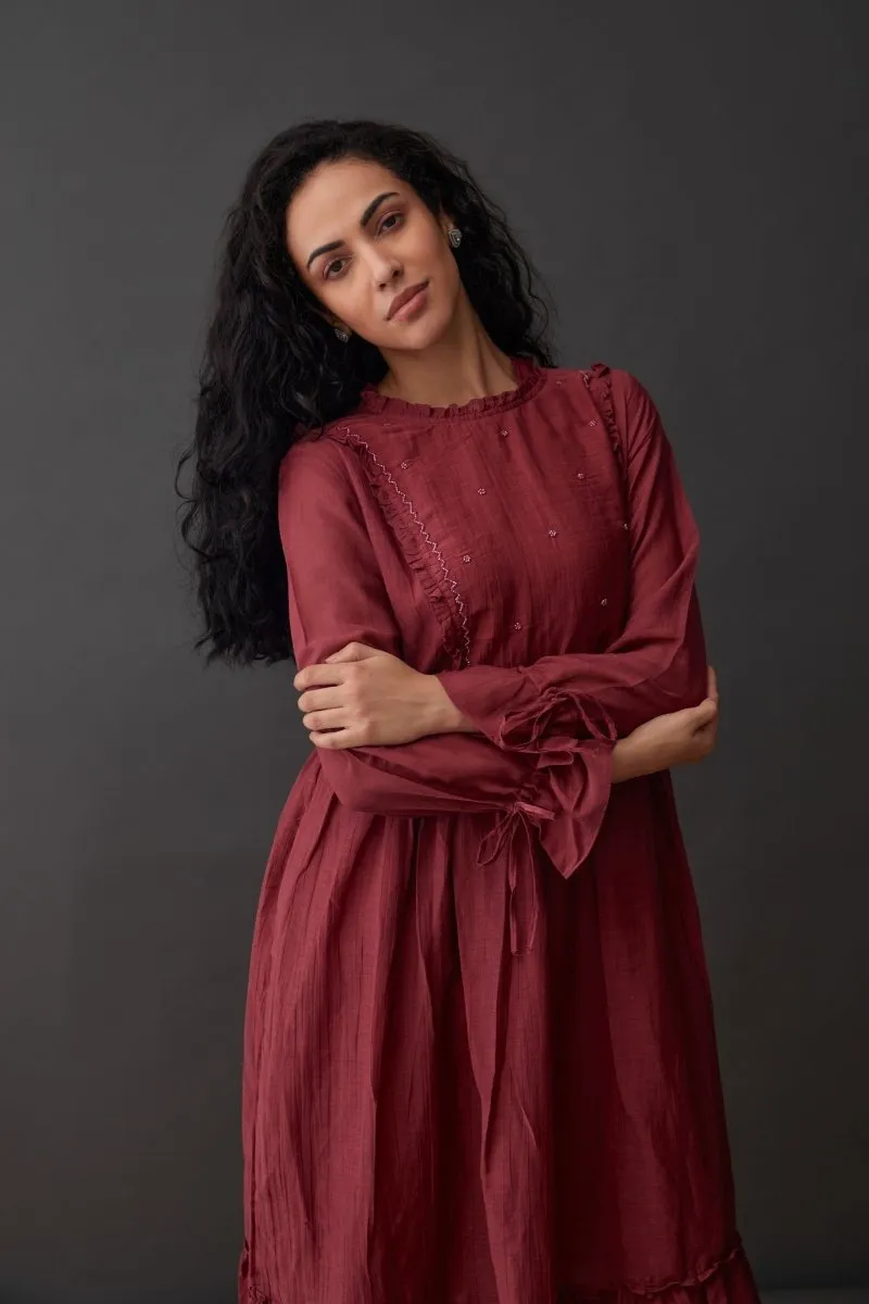 Cupro Crinkle Dress-Red Plum