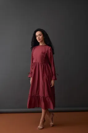 Cupro Crinkle Dress-Red Plum